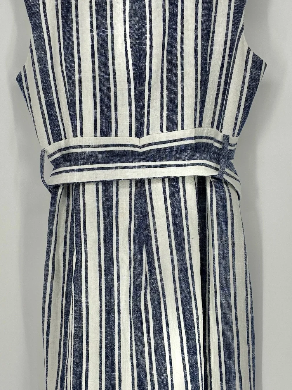 J.Crew Women’s Blue/White Striped Linen Blend Sleeveless Belted Dress - 16Tall